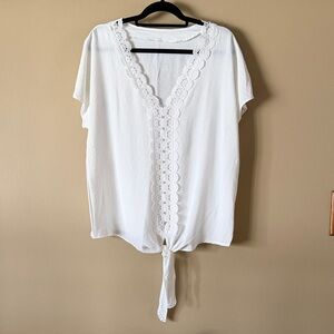 White Lace Trim Tie-Front Top